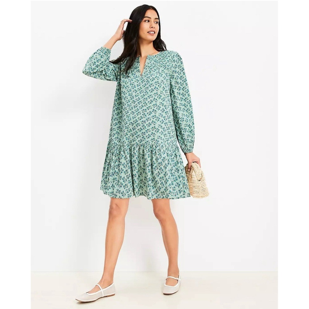 LOFT Petites Floral Pleated Flounce Mini Dress Sz Medium Petite in Mint Lake